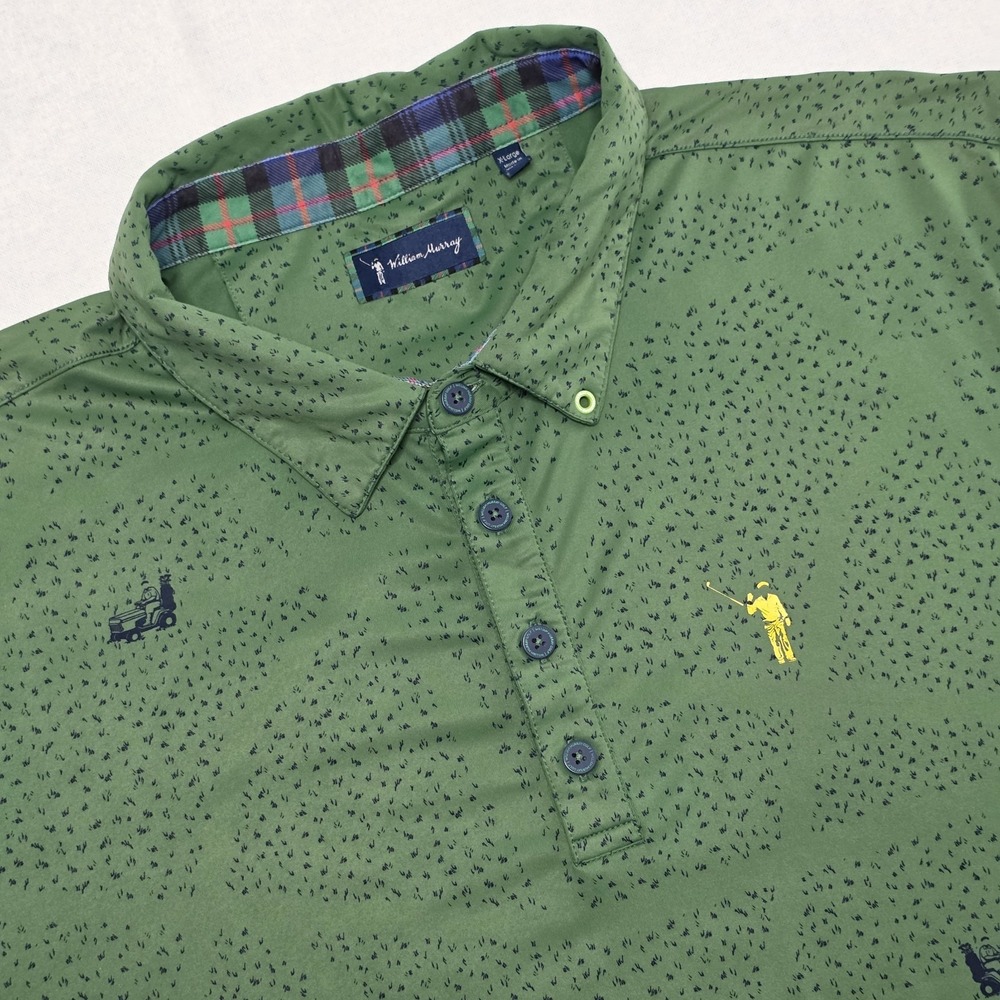 William Murray Polo Shirt Mens XL Green Golf Mower Print Stretch Performance